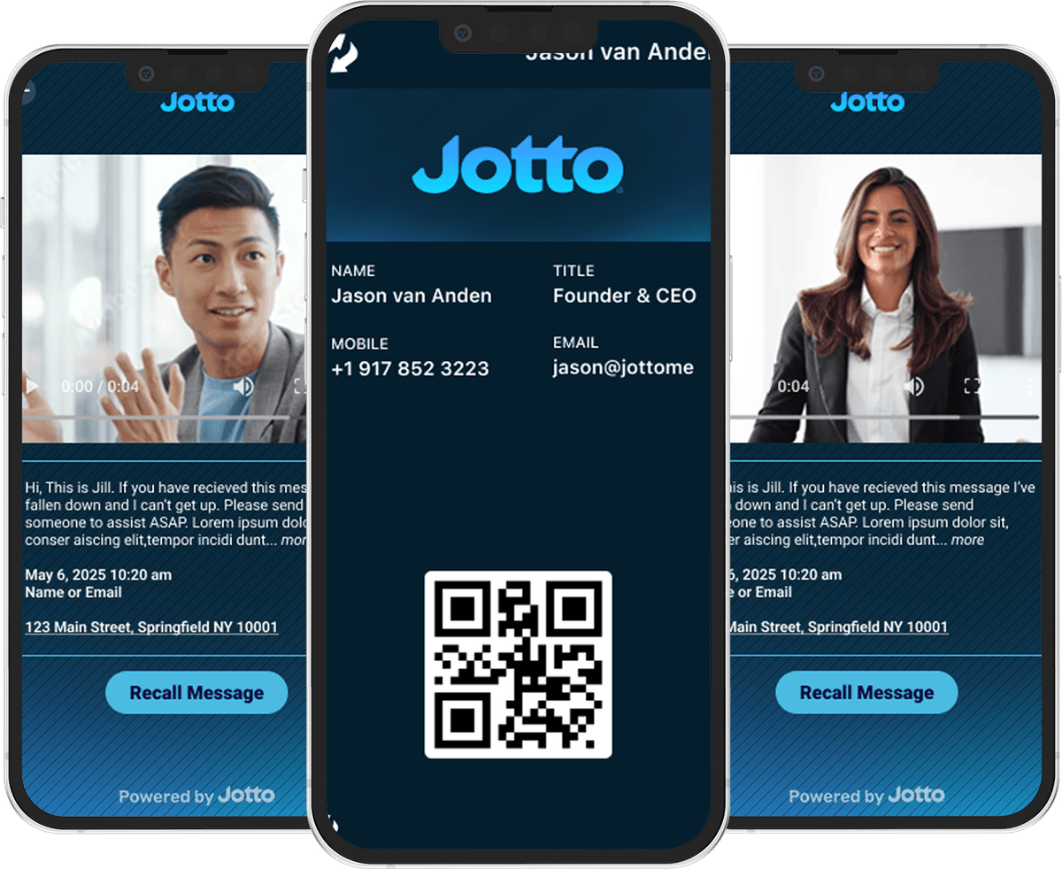 Jotto Passport screens showing digital business card and networking features